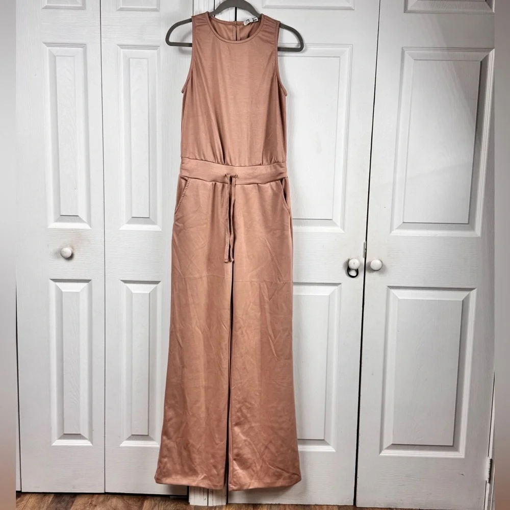 Fashion Nova Nude Wide Leg Jumpsuit Medium Stretch Drawstring Pockets - Picture 3 of 11